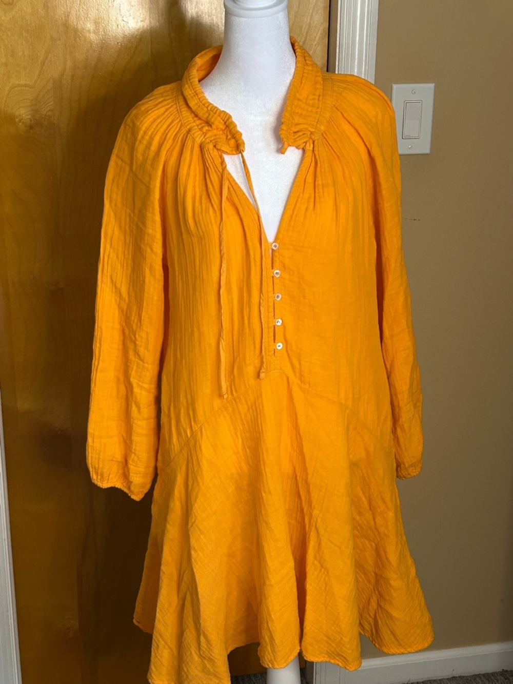 XiRENA Golden Orange Gauze Peasant Dress